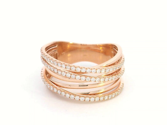 18K rose gold crossover ring with 0.46 carat round pavé diamonds, layered multi-band statement design.