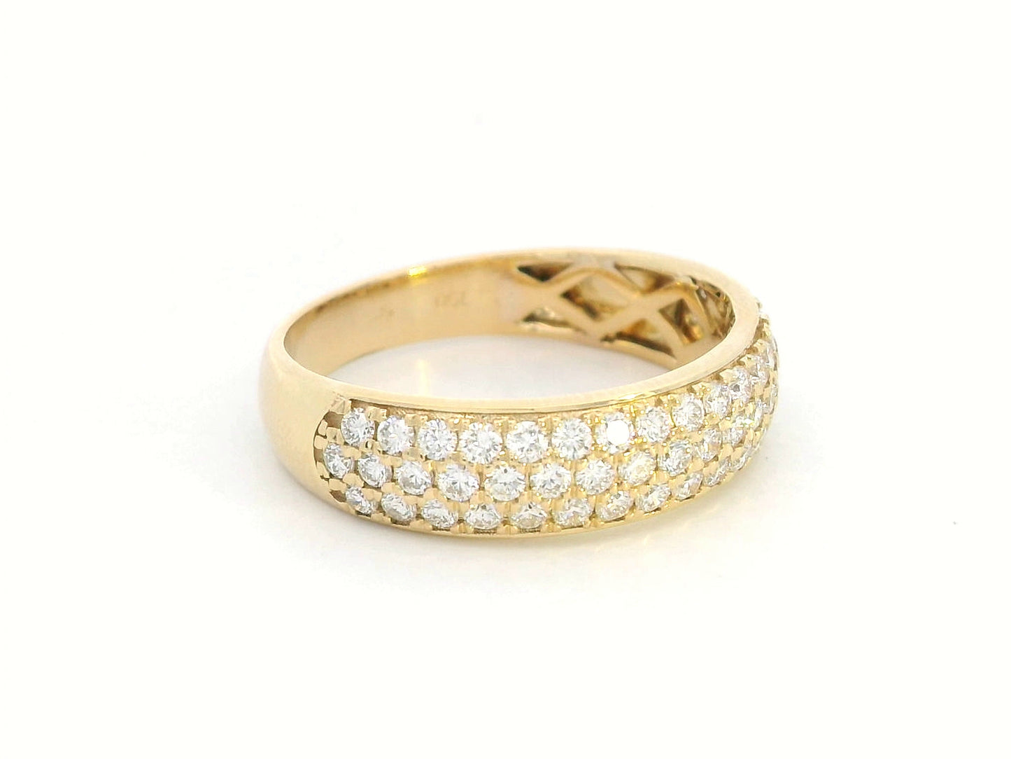 Three-row pavé diamond band ring in 18K yellow gold with 0.80 carats of round-cut diamonds