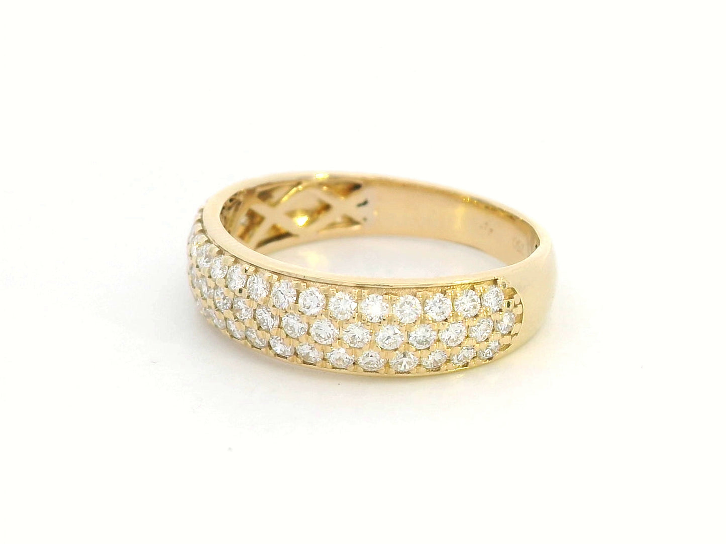 Three-row pavé diamond band ring in 18K yellow gold with 0.80 carats of round-cut diamonds