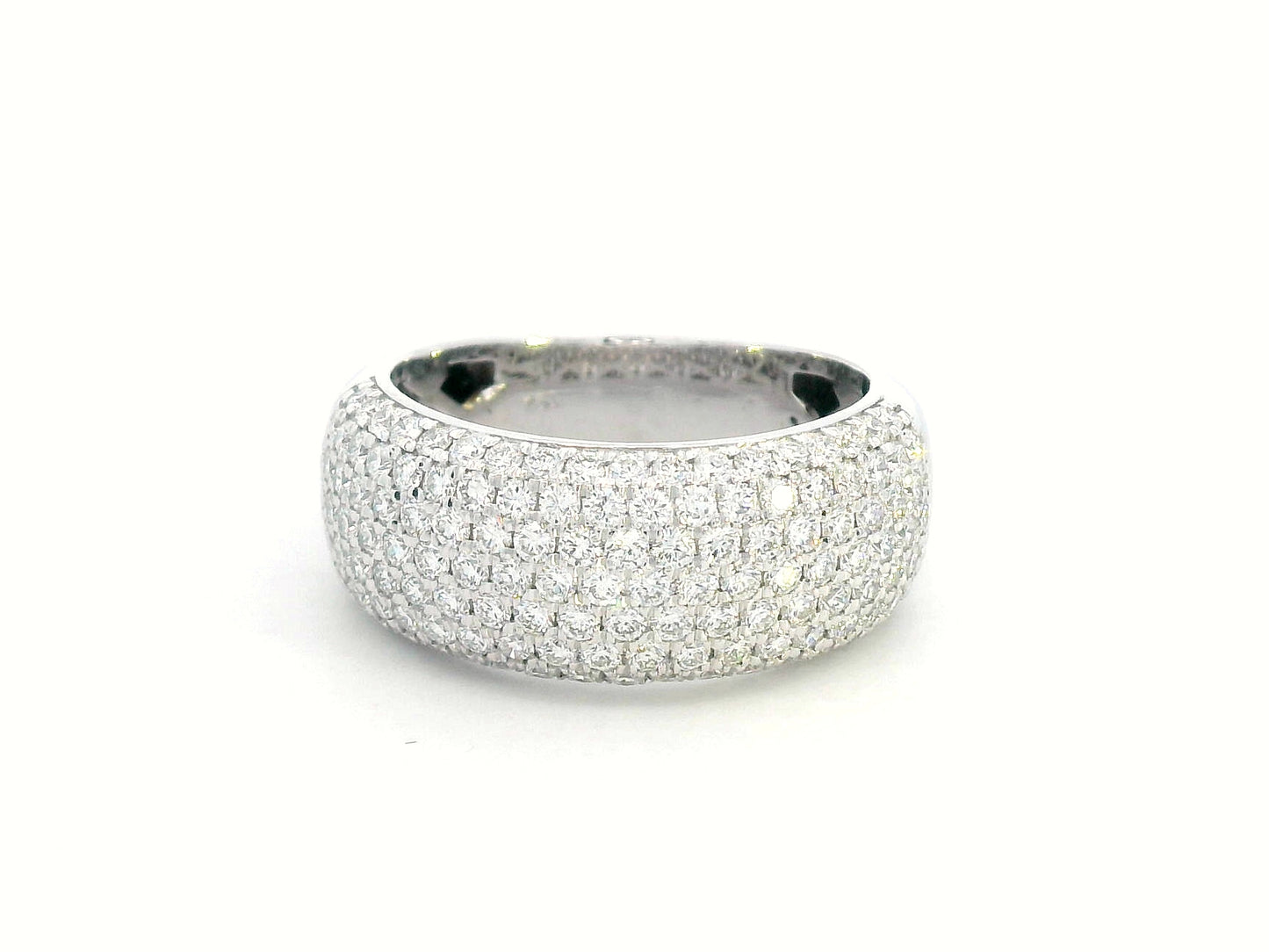 18K gold domed band ring with pavé diamonds covering the top half