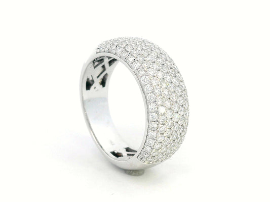18K gold domed band ring with pavé diamonds covering the top half