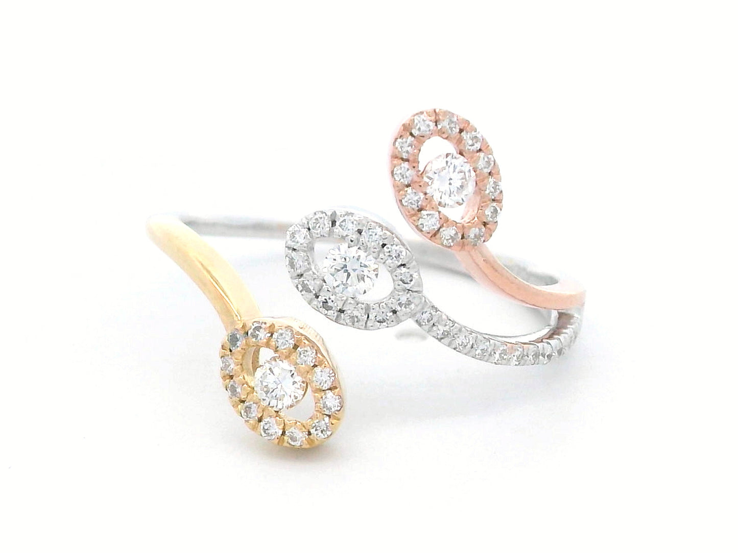 Three-tone 18K gold ring with oval diamond halos in white, yellow, and rose gold – 0.40ct diamonds