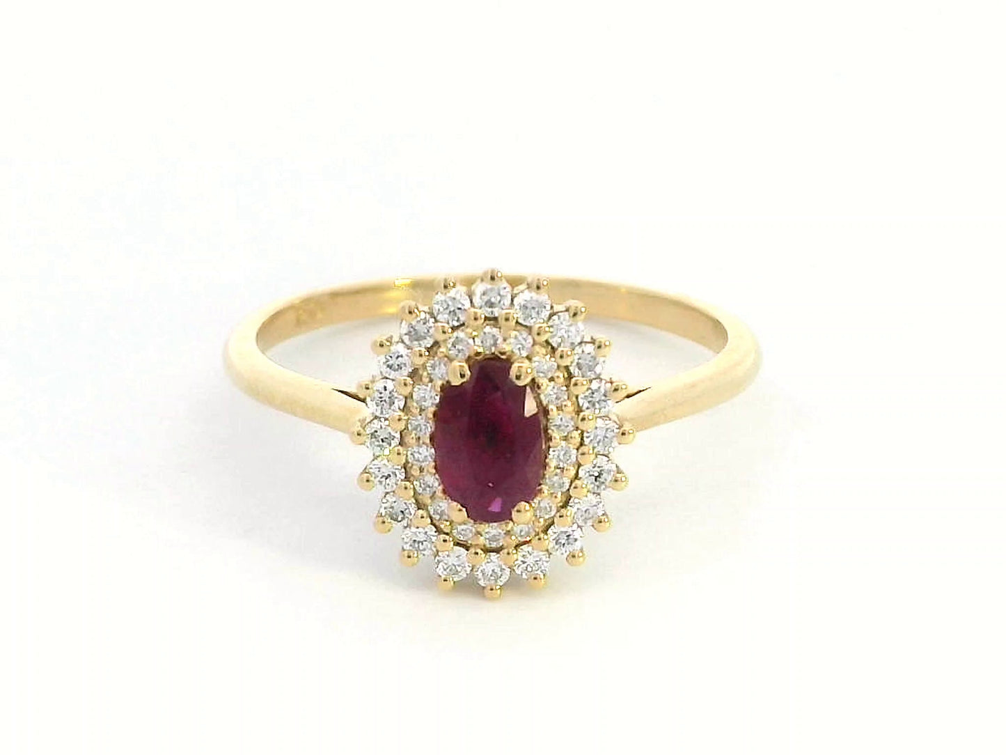 18K gold oval ruby and diamond halo ring with double halo design