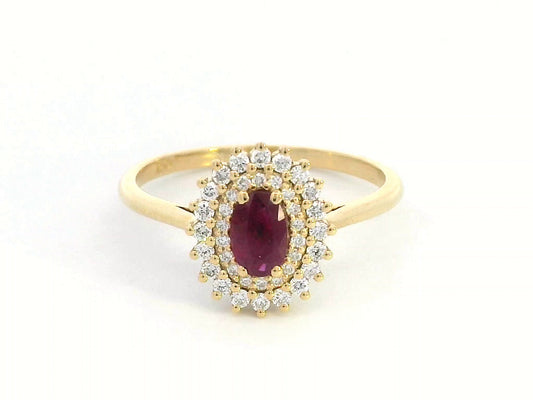 18K gold oval ruby and diamond halo ring with double halo design