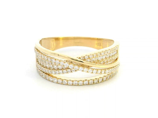 18K Yellow Gold Crossover diamond Ring. Statement ring