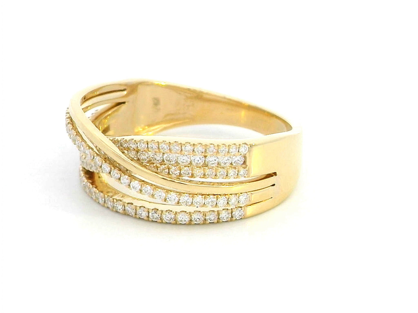 18K Yellow Gold Crossover diamond Ring. Statement ring