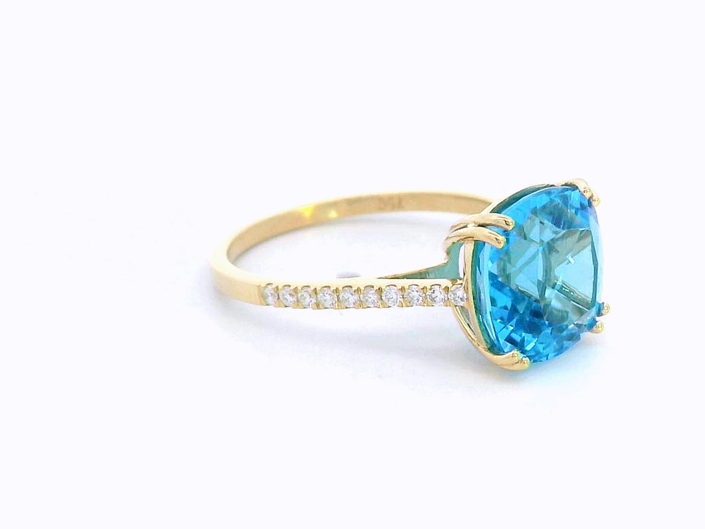 18K yellow gold ring with 5.33 carat cushion-cut Swiss Blue Topaz and diamond-accented band