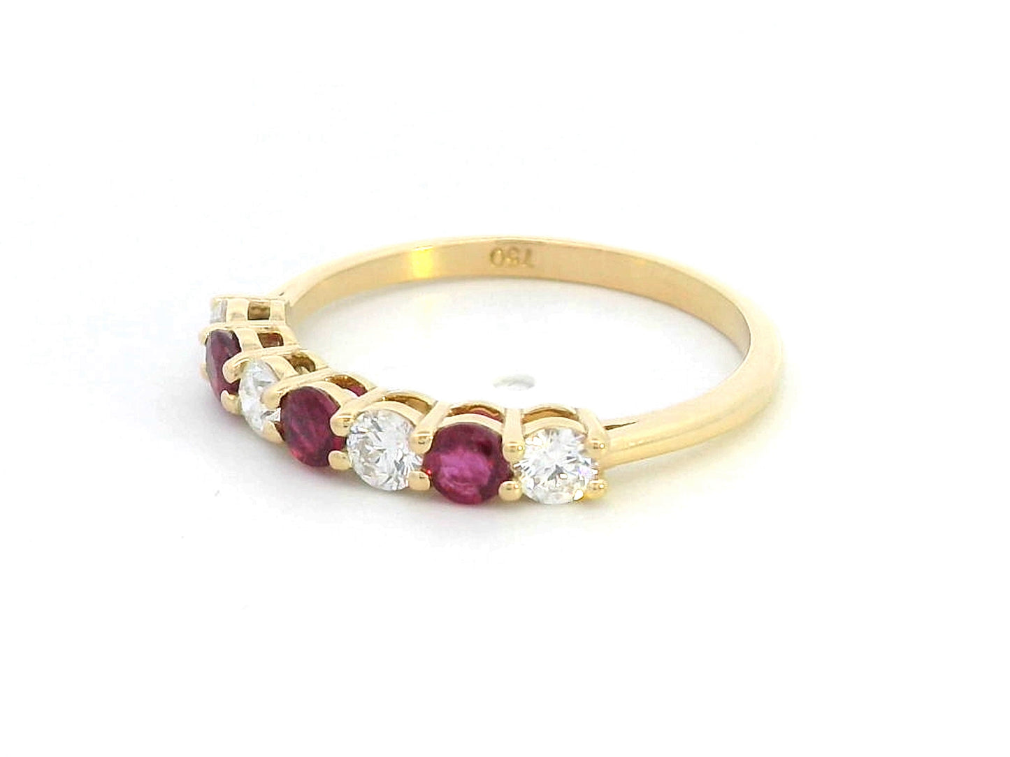 18K yellow gold ring with alternating rubies and diamonds, elegant half-eternity band design.