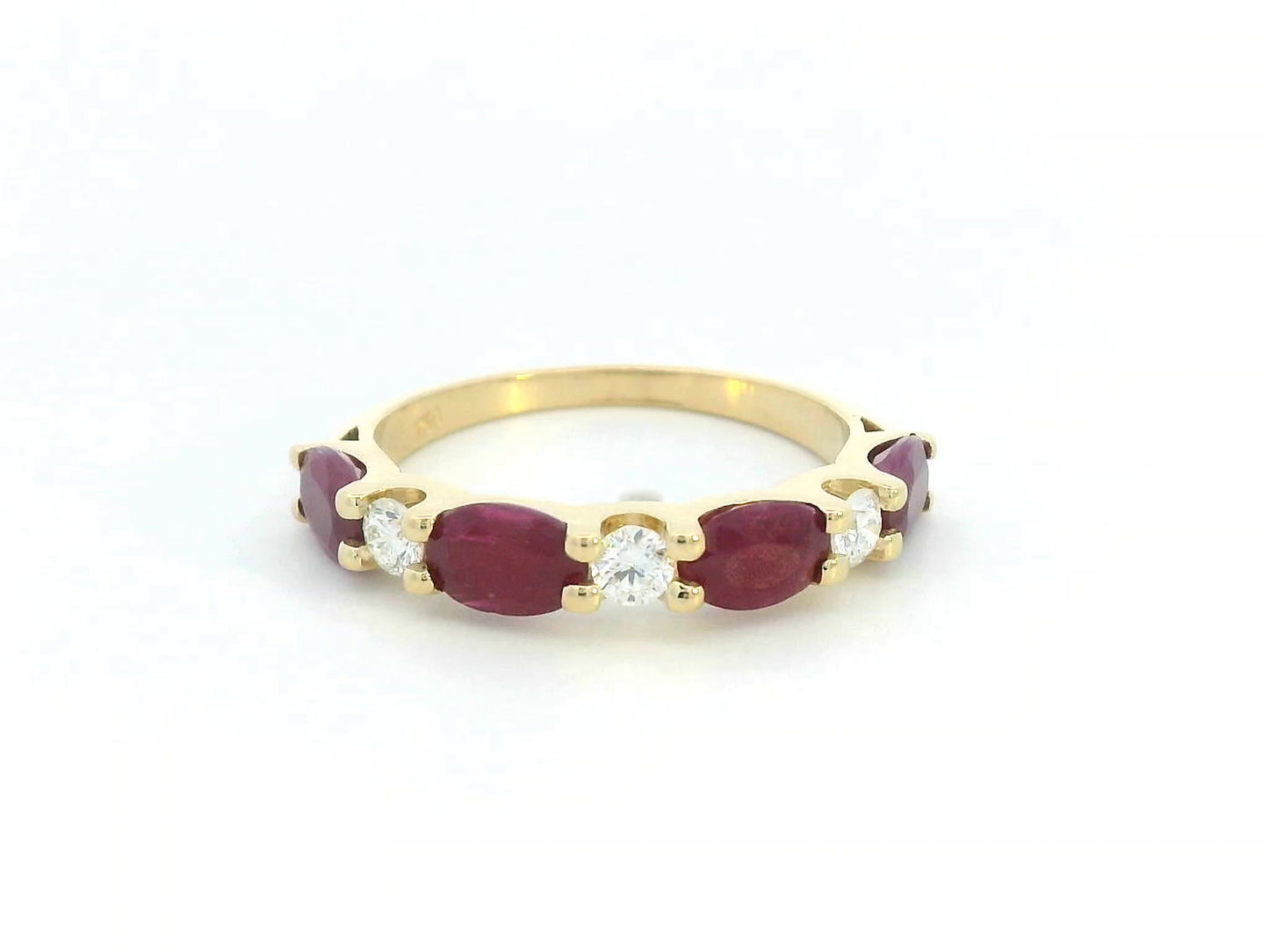 18K gold ring with alternating oval rubies and round diamonds – half eternity design, stackable birthstone ring