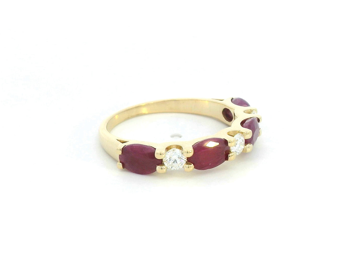 18K gold ring with alternating oval rubies and round diamonds – half eternity design, stackable birthstone ring