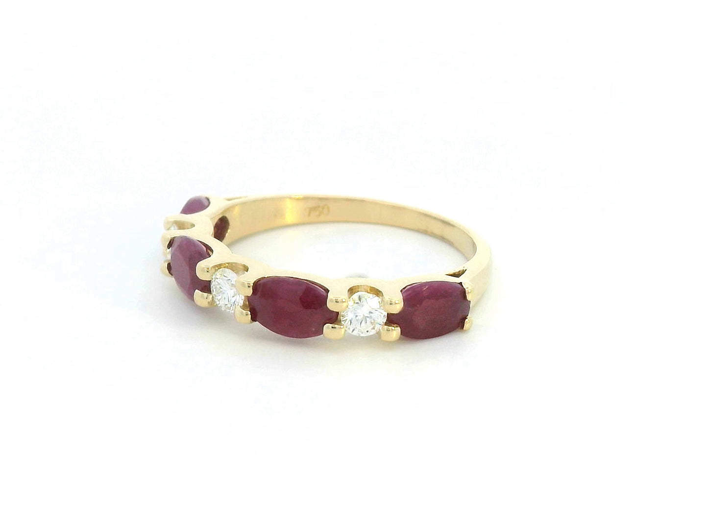 18K gold ring with alternating oval rubies and round diamonds – half eternity design, stackable birthstone ring