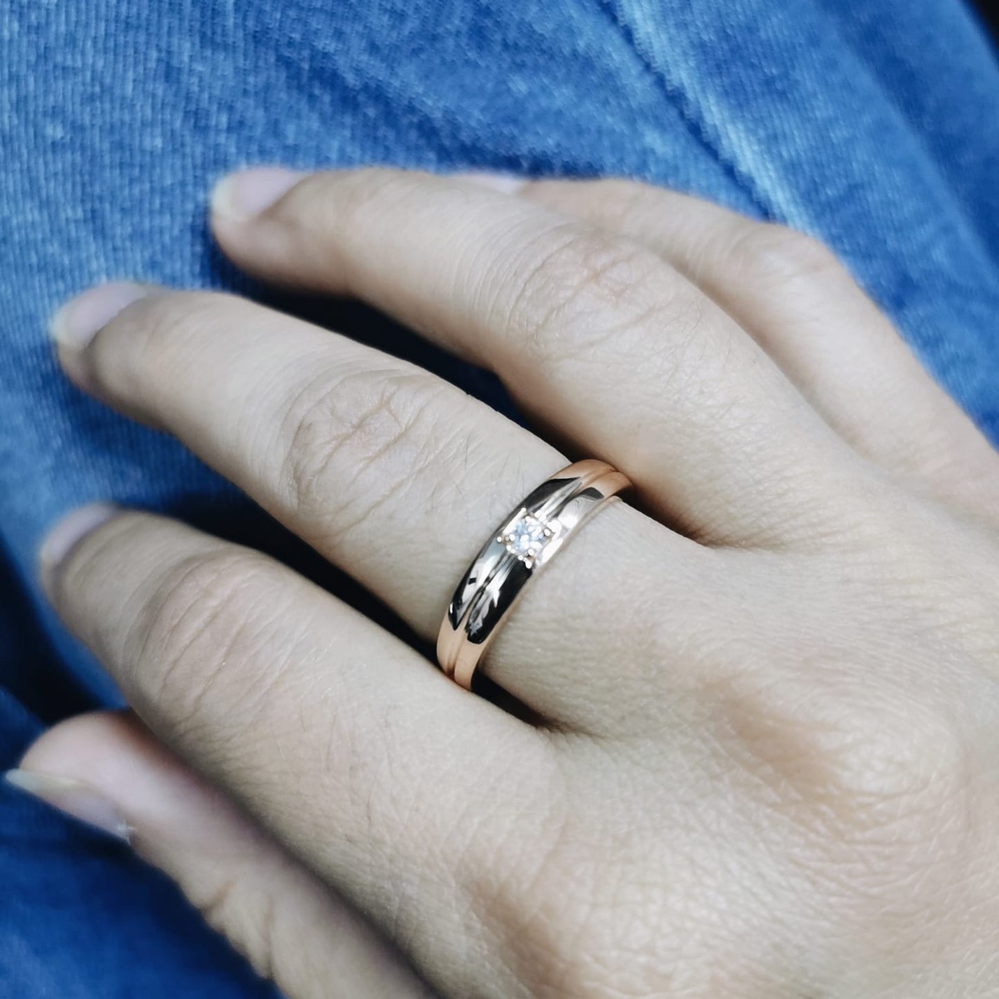 18K rose gold solitaire band ring with 0.07 carat diamond and groove detail