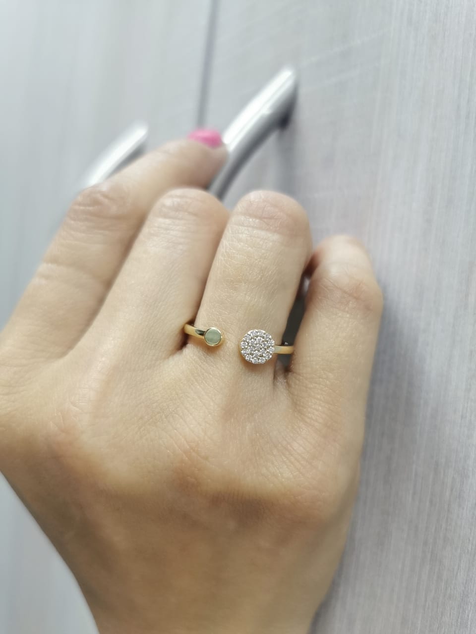 18K gold open ring with pavé diamond circle and polished gold bead – minimalist modern design