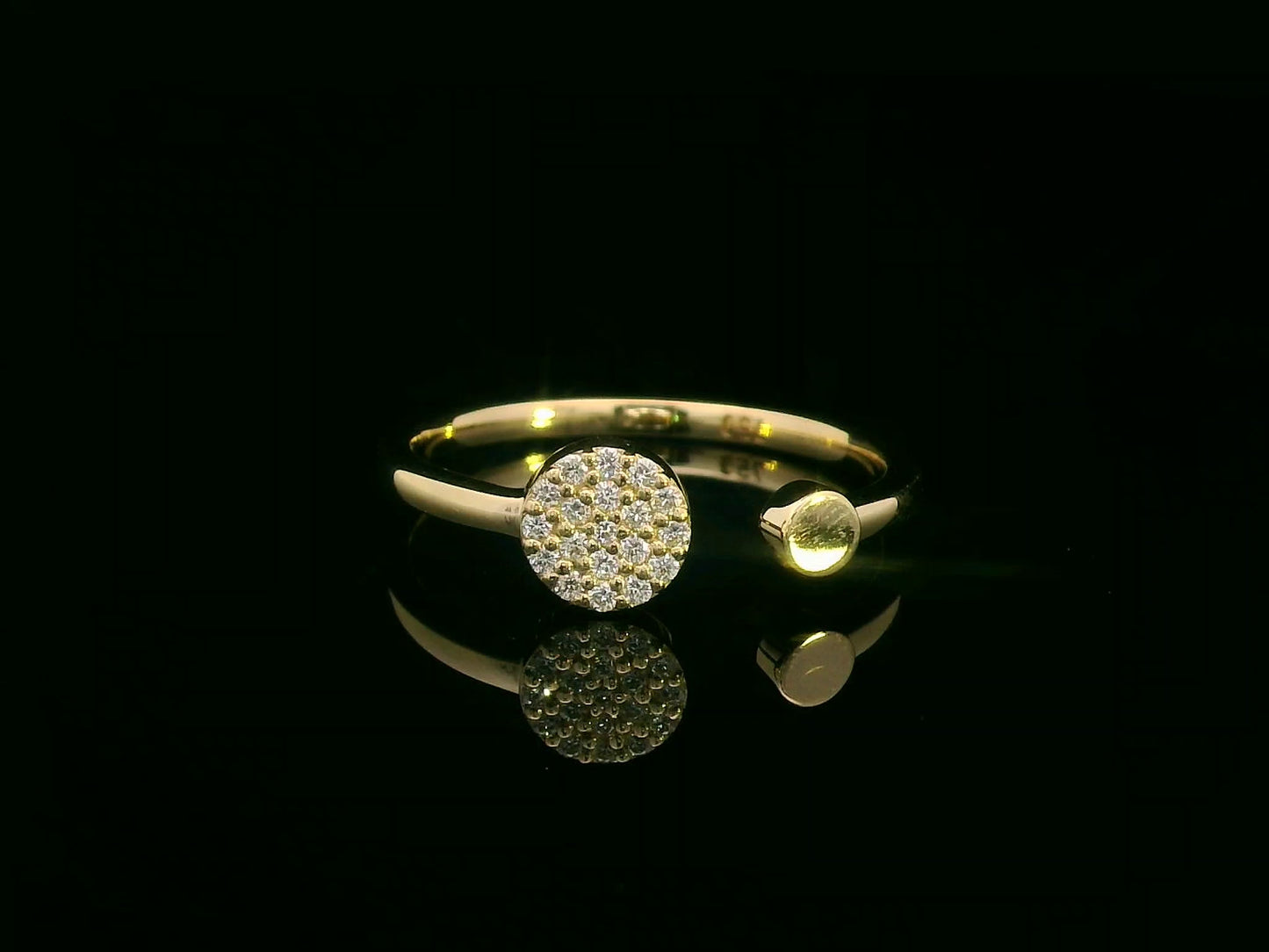 18K gold open ring with pavé diamond circle and polished gold bead – minimalist modern design
