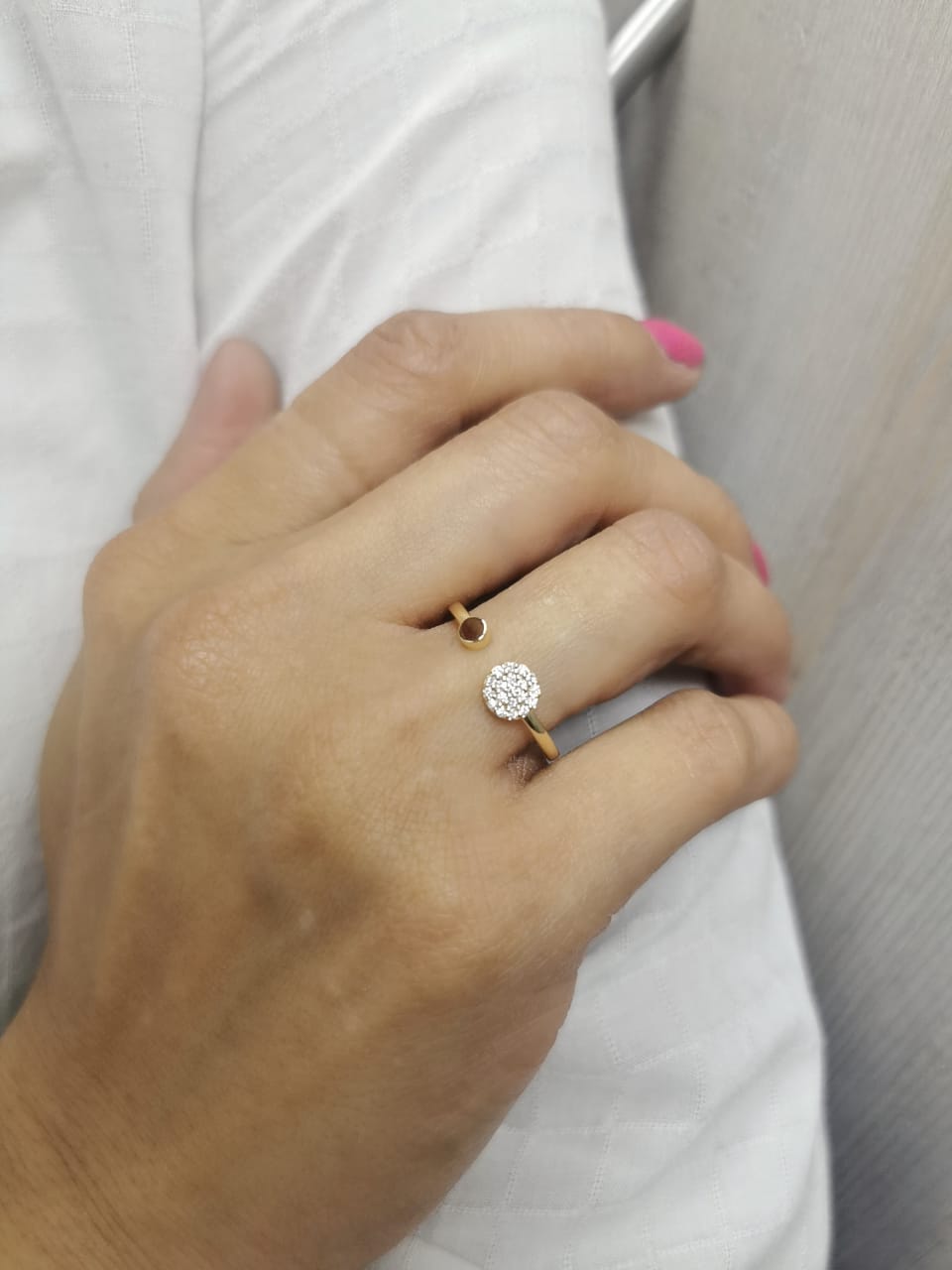 18K gold open ring with pavé diamond circle and polished gold bead – minimalist modern design
