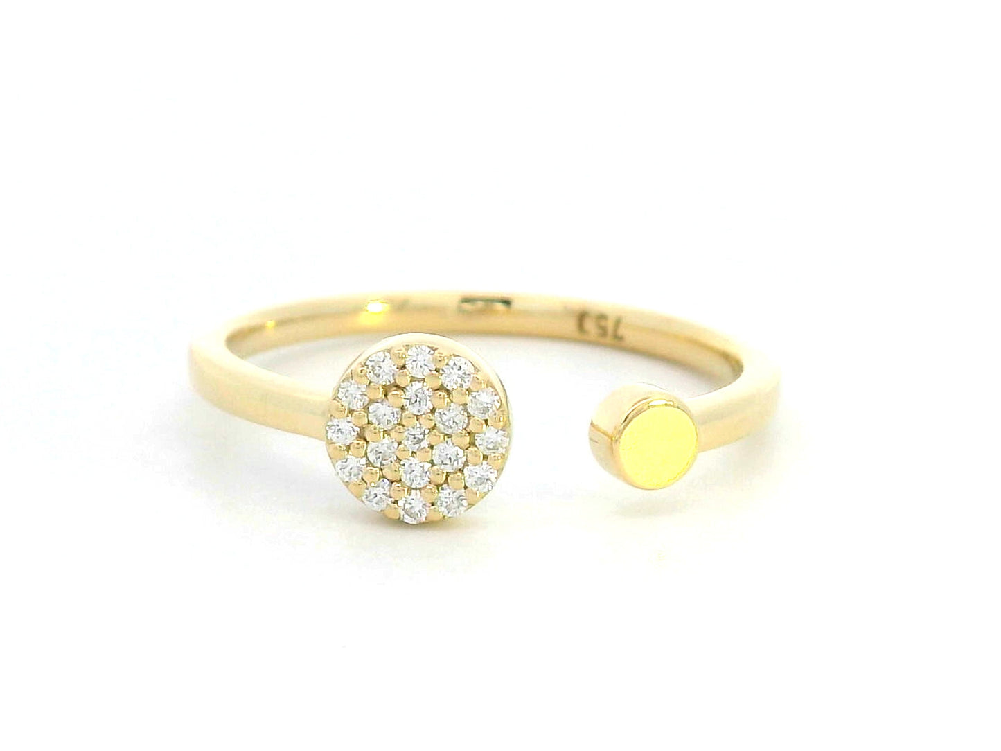18K gold open ring with pavé diamond circle and polished gold bead – minimalist modern design