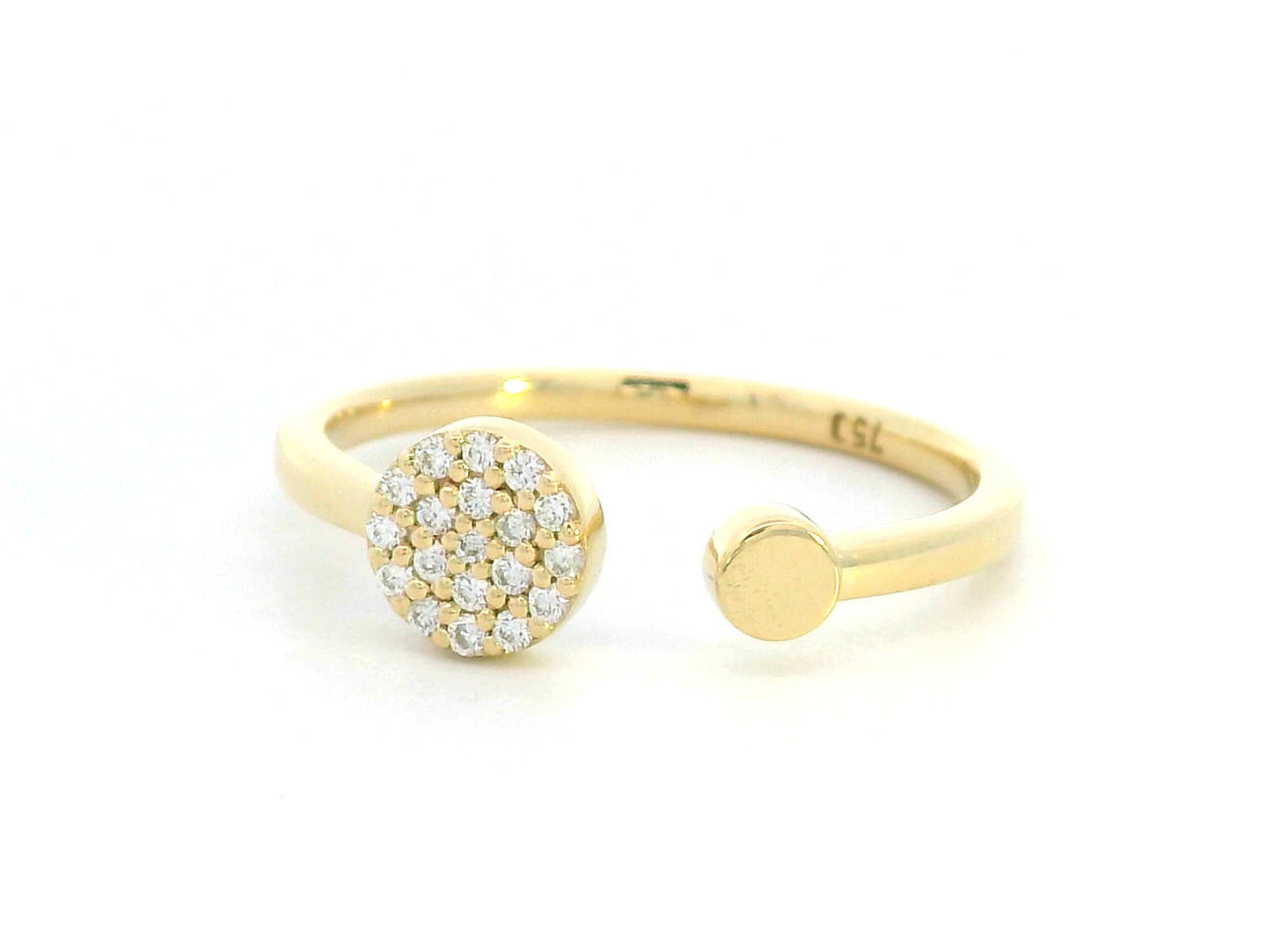 18K gold open ring with pavé diamond circle and polished gold bead – minimalist modern design