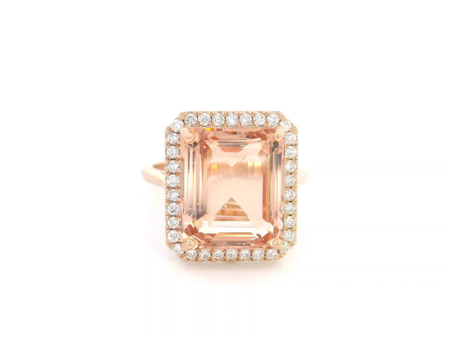 Emerald-cut morganite halo ring in 18K rose gold with 0.35ct diamonds