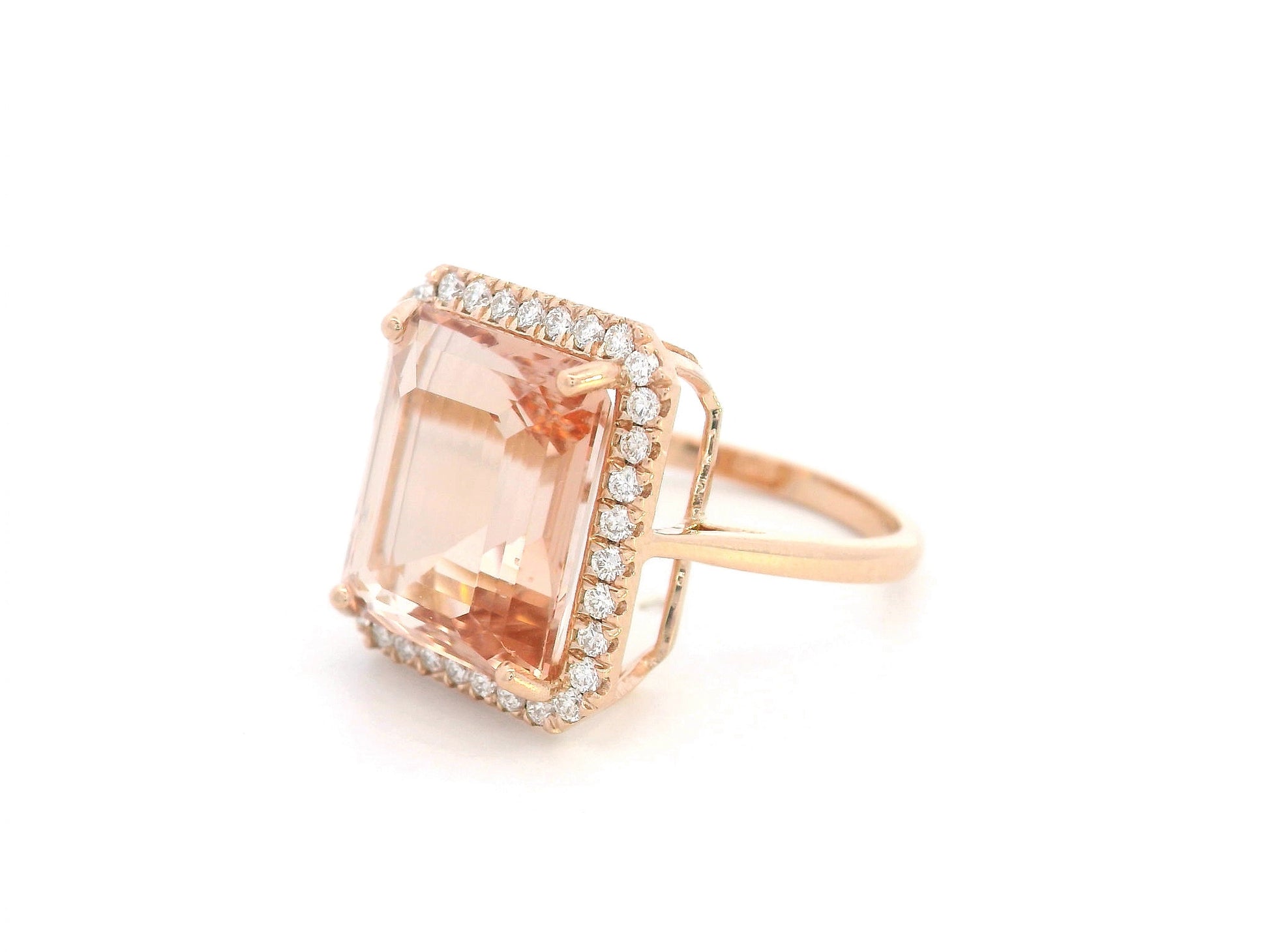 Emerald-cut morganite halo ring in 18K rose gold with 0.35ct diamonds