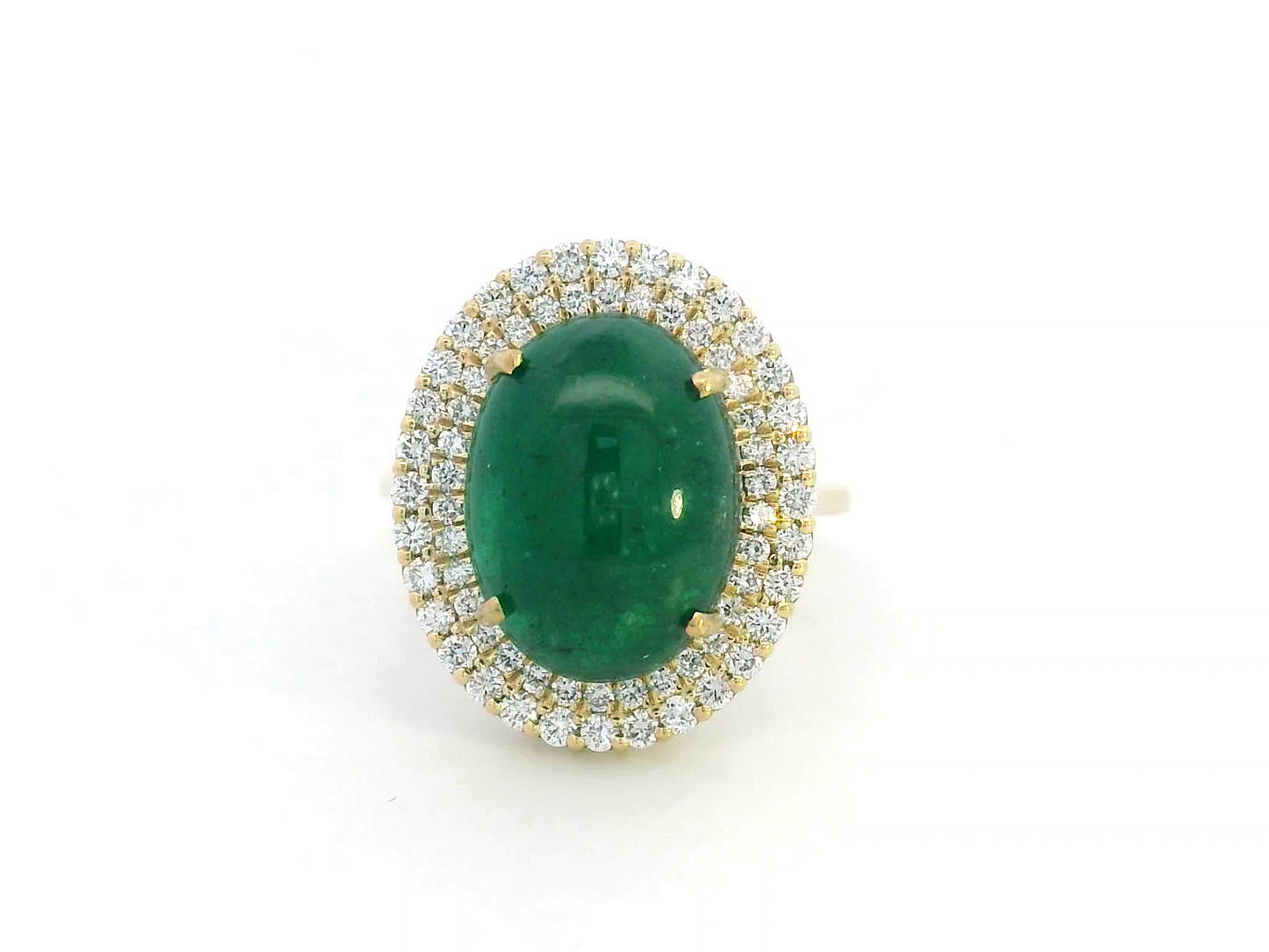18K Yellow Gold Ring with 7.82 Carat Cabochon Emerald and Double Diamond Halo – Cocktail Style
