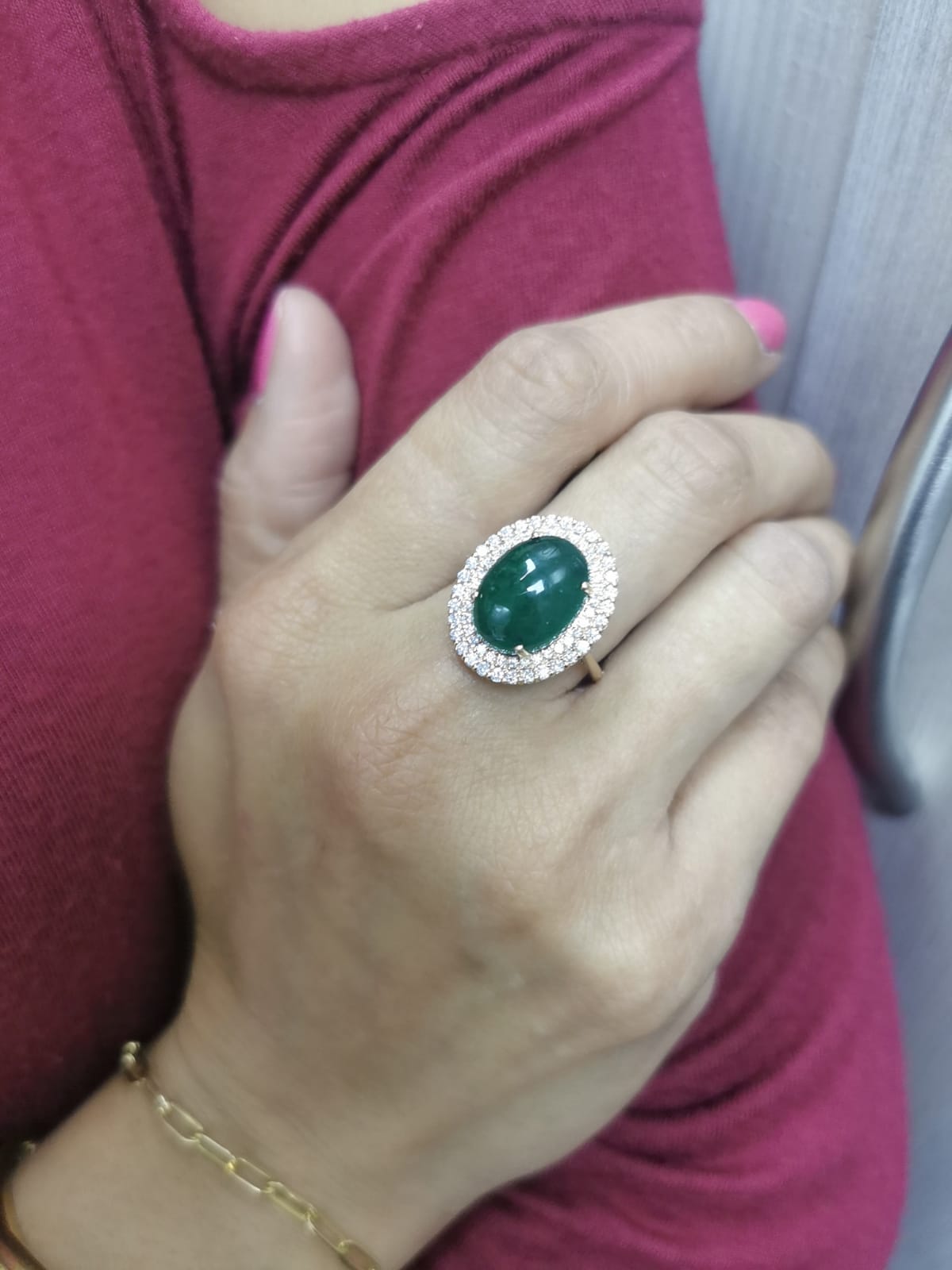 18K Yellow Gold Ring with 7.82 Carat Cabochon Emerald and Double Diamond Halo – Cocktail Style