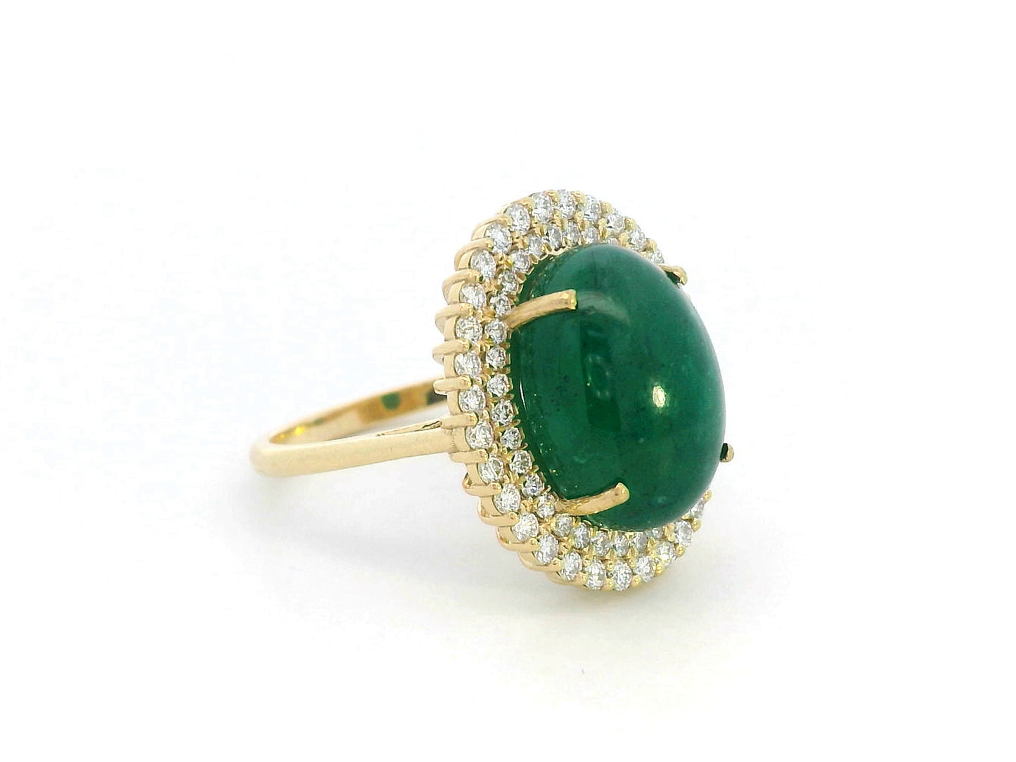 18K yellow gold cabochon emerald and diamond halo ring – 7.82ct emerald with 0.72ct diamonds by Emirates Diamonds