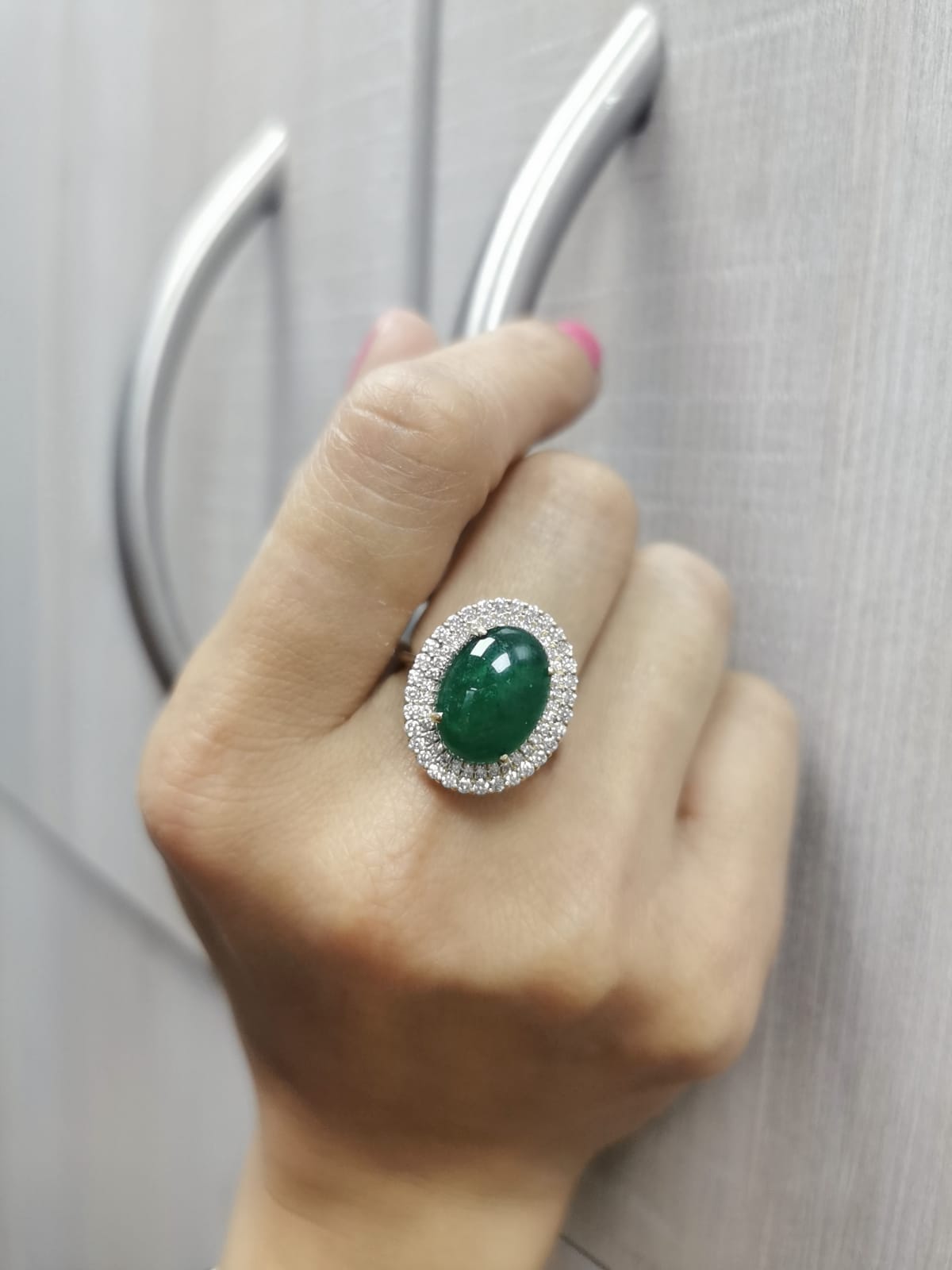 18K Yellow Gold Ring with 7.82 Carat Cabochon Emerald and Double Diamond Halo – Cocktail Style
