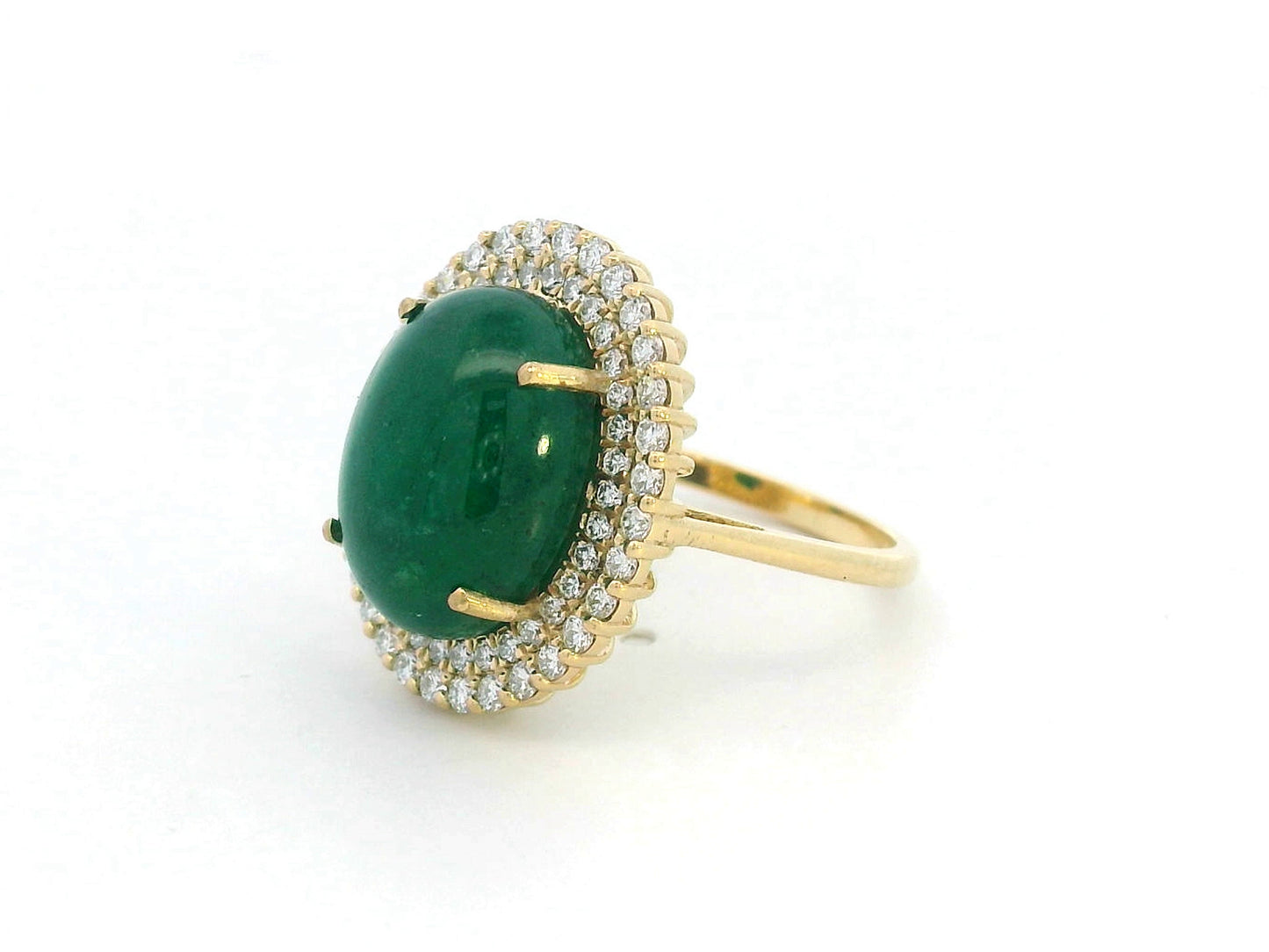 18K Yellow Gold Ring with 7.82 Carat Cabochon Emerald and Double Diamond Halo – Cocktail Style