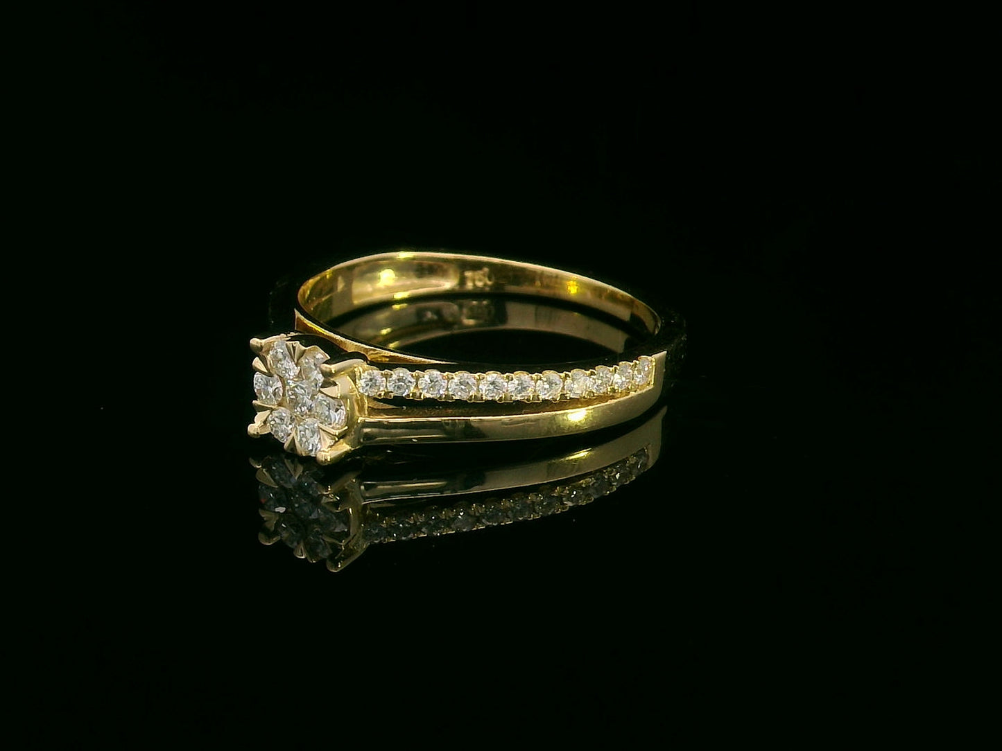 18K Yellow Gold Split Shank Diamond Ring with Pavé and Polished Band and Floral Cluster Center