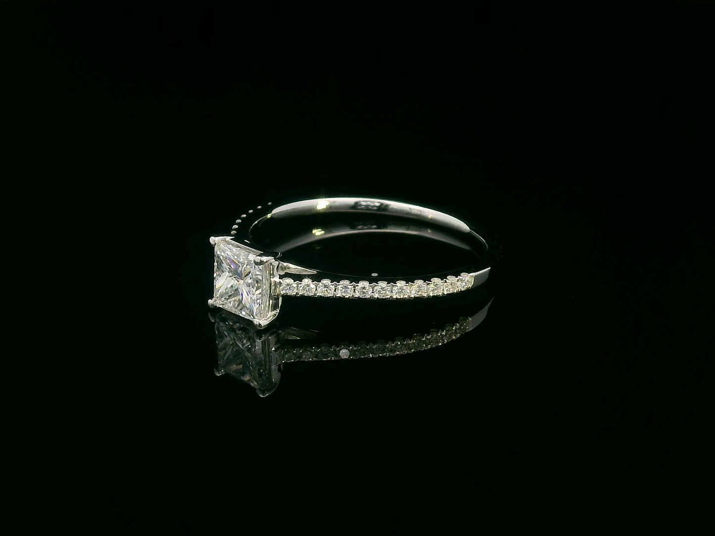 GIA certified princess cut diamond engagement ring in 18K gold with pavé diamond band by Emirates Diamonds