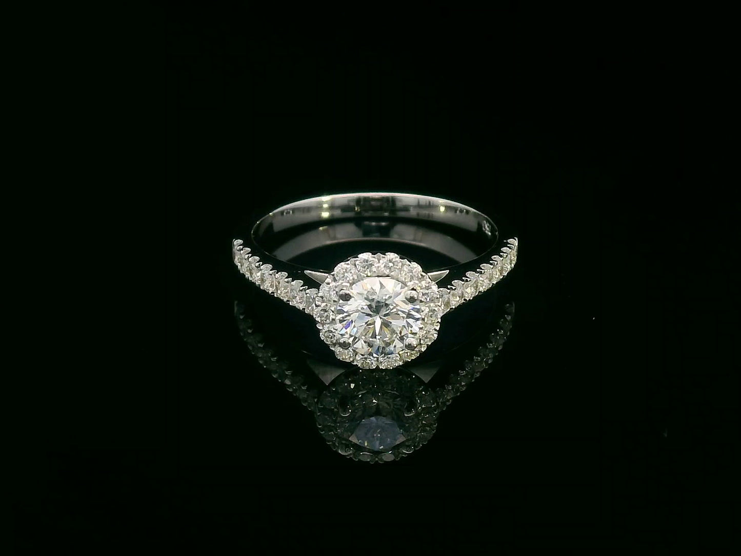 18K Gold Halo Engagement Ring with 0.51 Carat GIA Certified Center Diamond and Pavé-Set Band