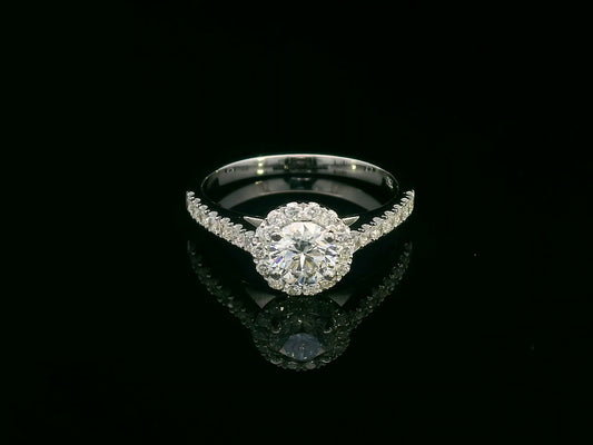18K Gold Halo Engagement Ring with 0.51 Carat GIA Certified Center Diamond and Pavé-Set Band