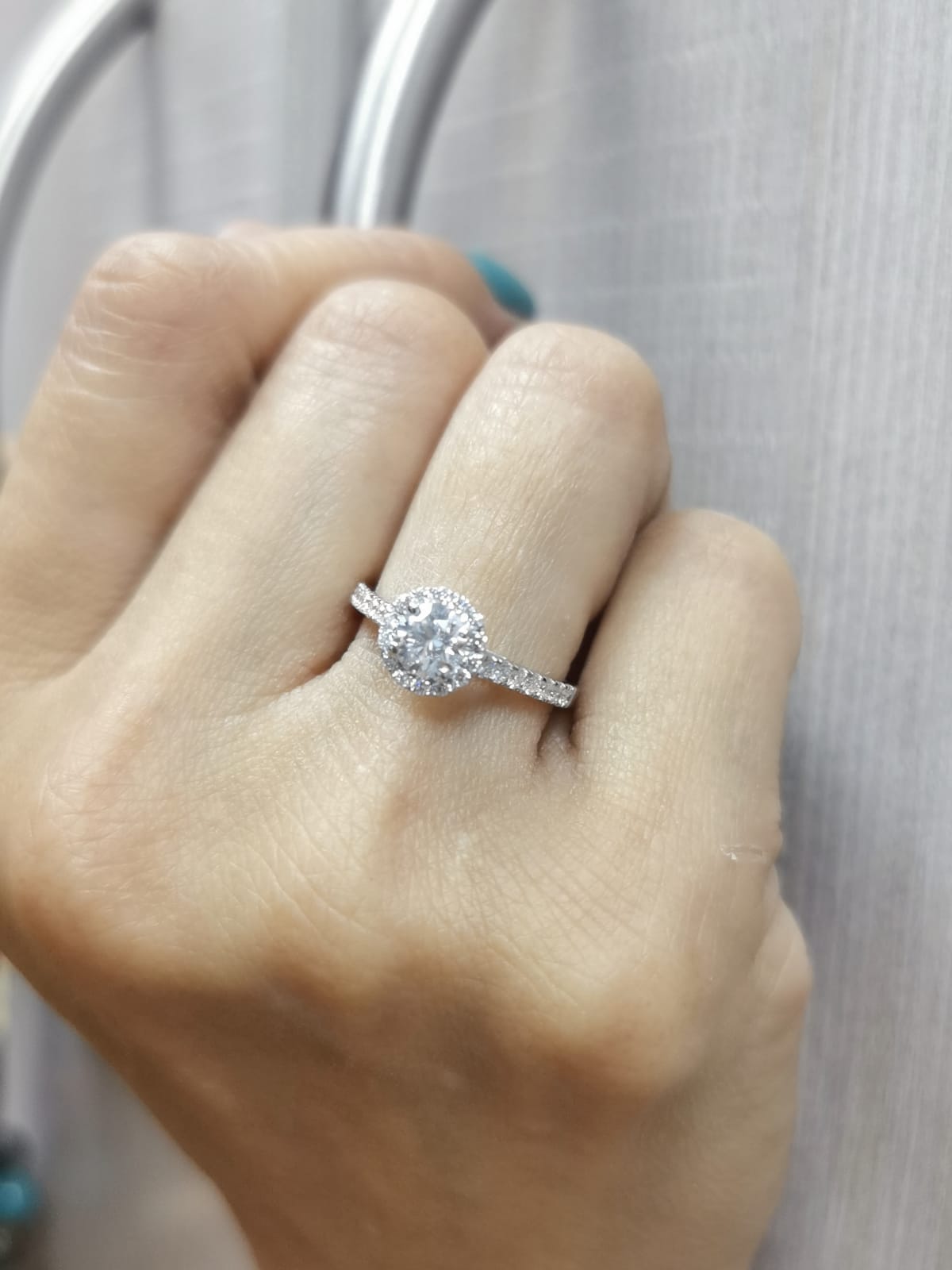 18K Gold Halo Engagement Ring with 0.51 Carat GIA Certified Center Diamond and Pavé-Set Band