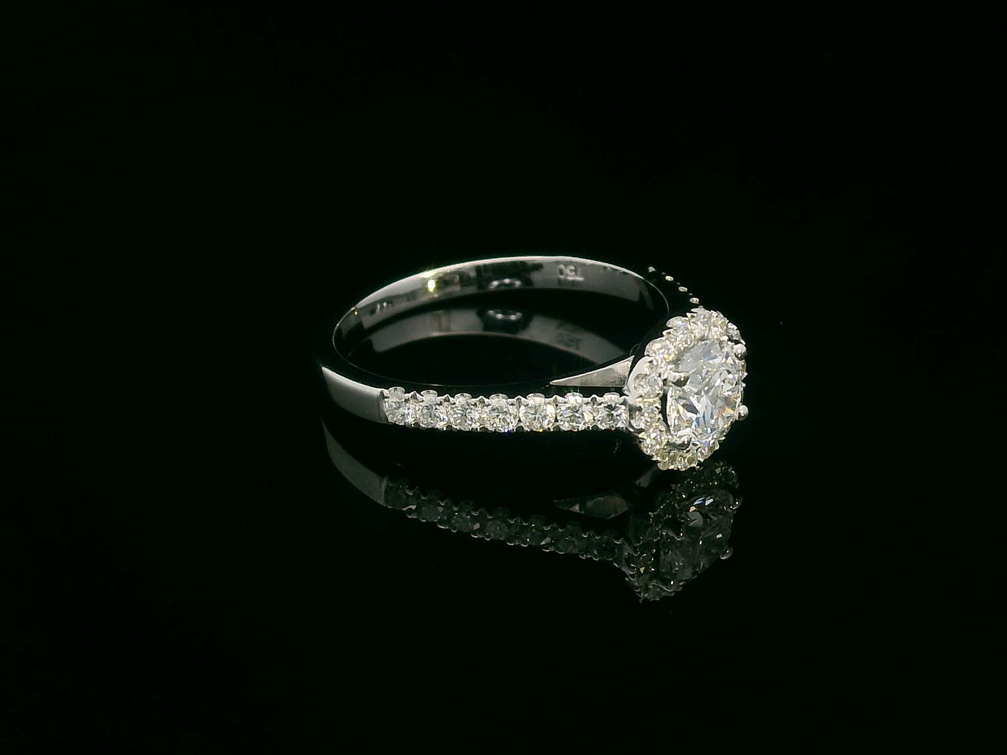 18K Gold Halo Engagement Ring with 0.51 Carat GIA Certified Center Diamond and Pavé-Set Band