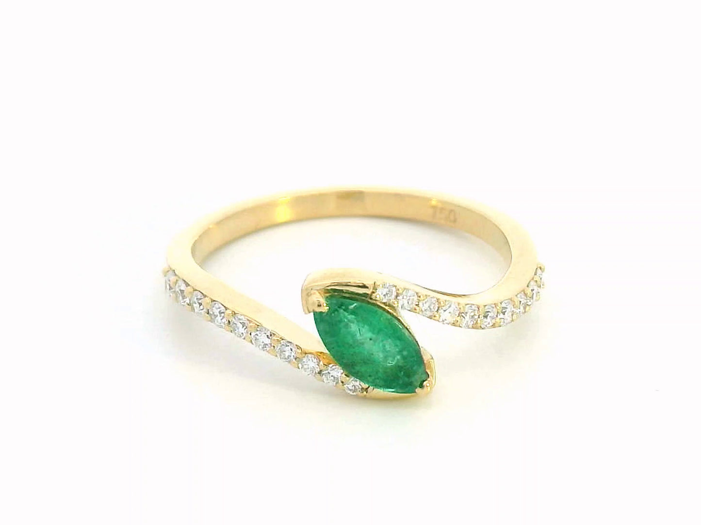 18K yellow gold bypass ring with marquise-cut emerald and round diamond accents