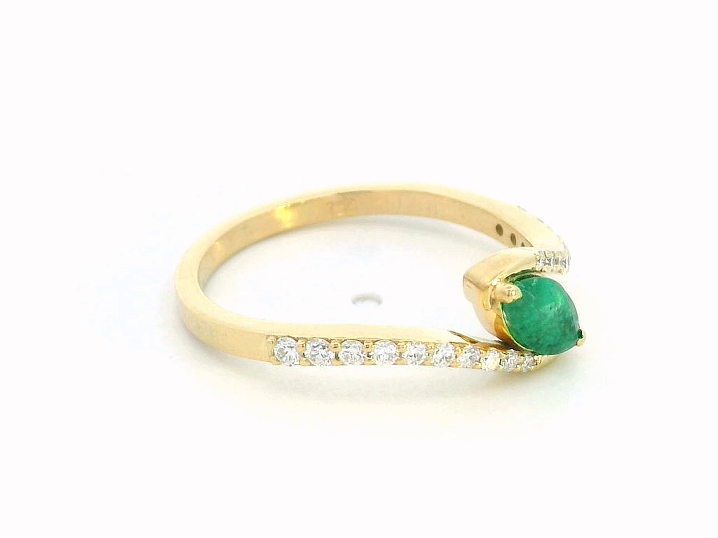 18K yellow gold bypass ring with marquise-cut emerald and round diamond accents