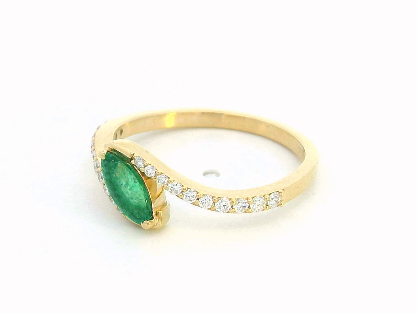 18K yellow gold bypass ring with marquise-cut emerald and round diamond accents