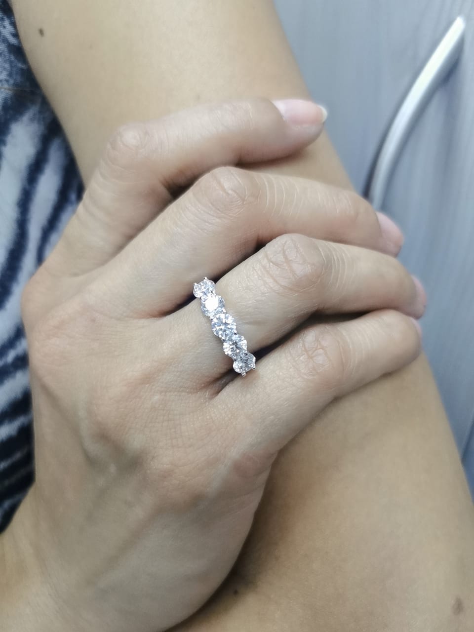 18K white gold five-stone diamond ring with 2.03ct round brilliant-cut diamonds