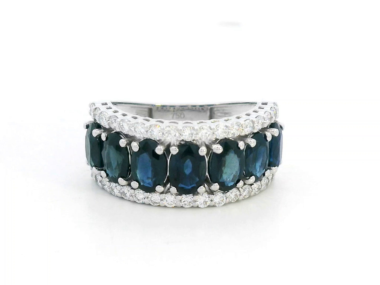 18K white gold wide band ring with oval blue sapphires and round diamond borders – Emirates Diamonds