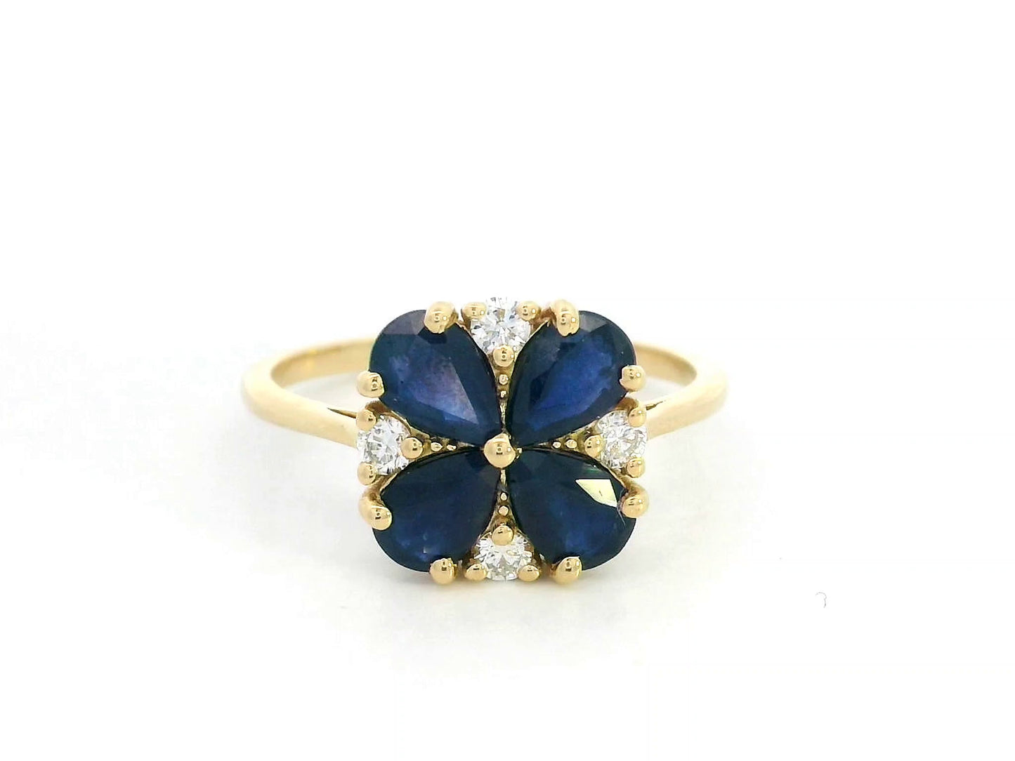 18K yellow gold floral ring with pear-cut blue sapphires and diamond accents