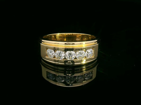 Men’s 18K yellow gold ring with five channel-set round diamonds, 0.97 carat total.