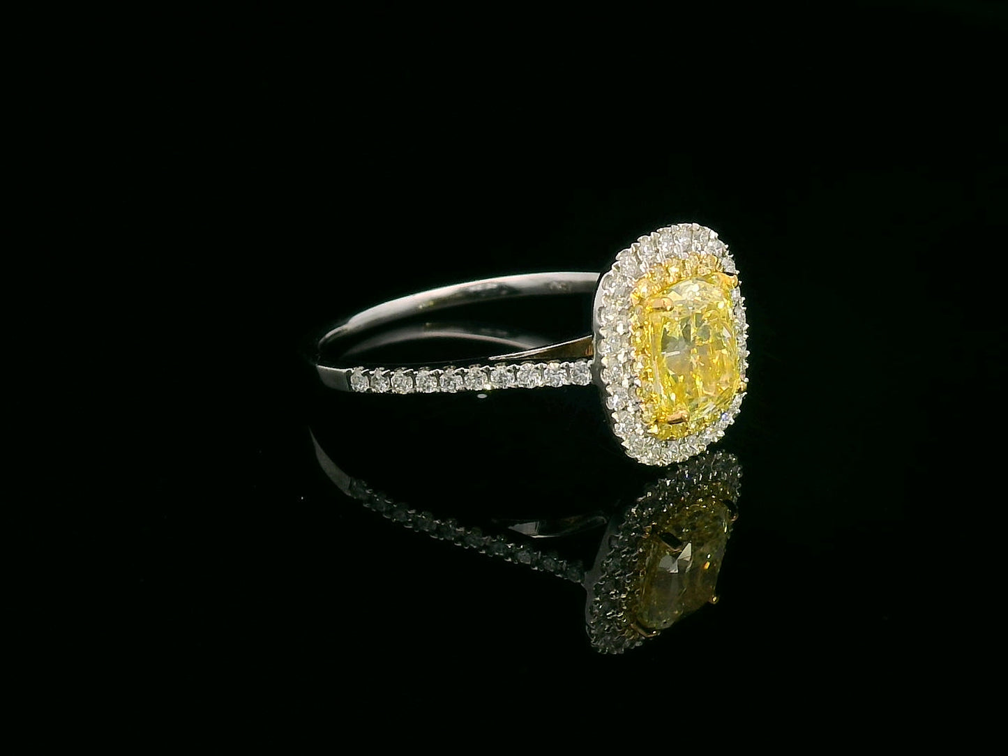 1.51ct cushion-cut fancy yellow diamond ring with double halo in 18K white gold