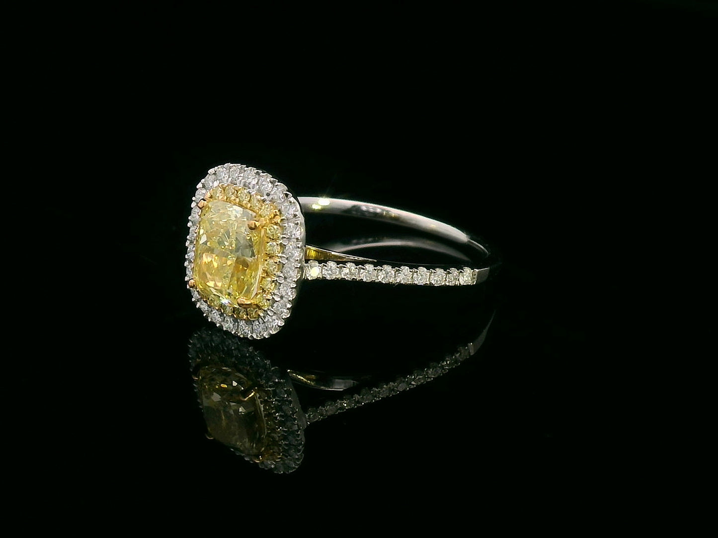1.51ct cushion-cut fancy yellow diamond ring with double halo in 18K white gold