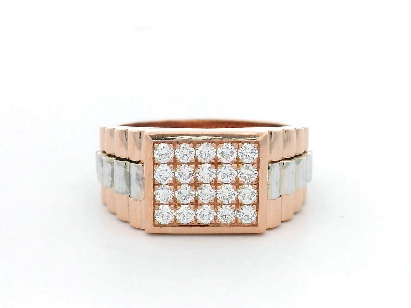 Men’s 18K rose gold diamond ring with pavé set 0.64 carat diamonds and white gold accents