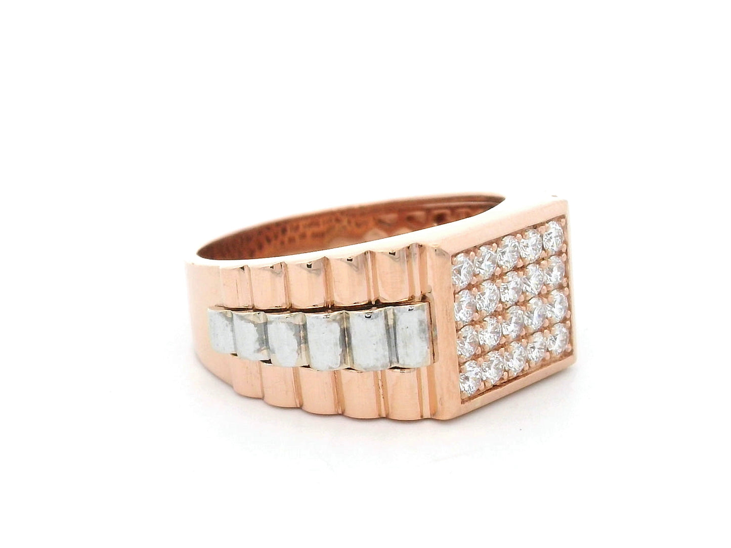 Men’s 18K rose gold diamond ring with pavé set 0.64 carat diamonds and white gold accents