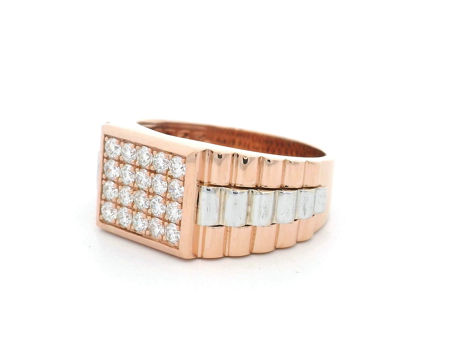 Men’s 18K rose gold diamond ring with pavé set 0.64 carat diamonds and white gold accents