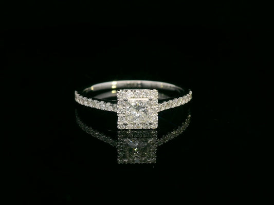 18K White Gold Princess Cut Diamond Halo Ring with 0.31ct center and 0.29ct accent diamonds
