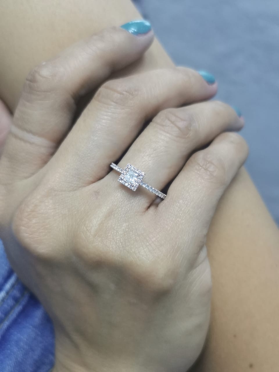 18K White Gold Princess Cut Diamond Halo Ring with 0.31ct center and 0.29ct accent diamonds