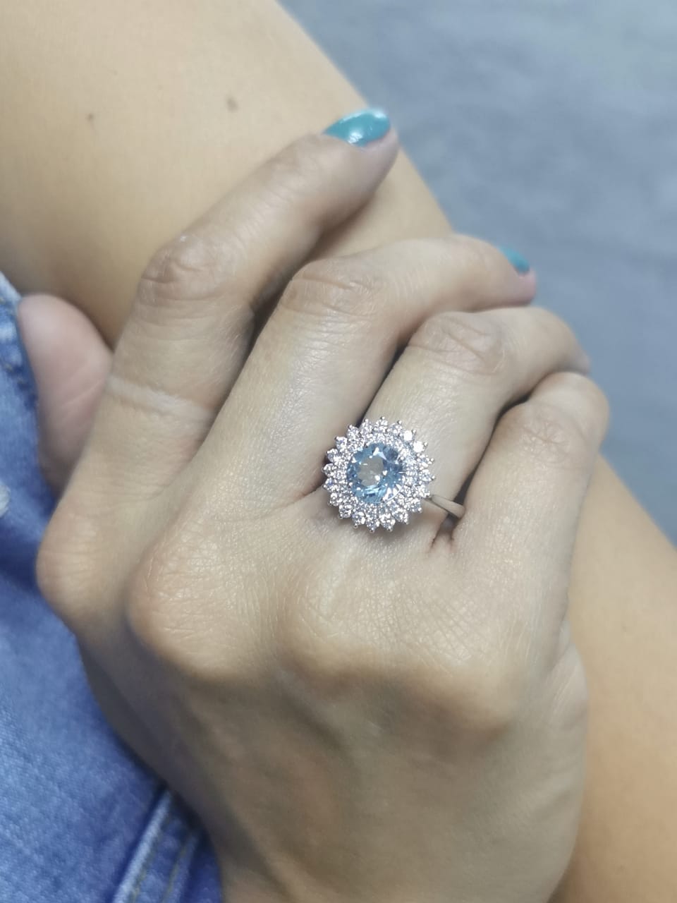 18K white gold ring with 1.52 carat round aquamarine and double diamond halo in floral vintage design
