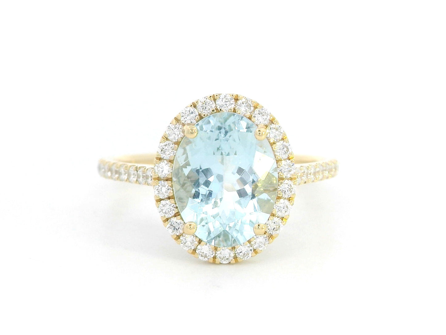 18K Yellow Gold Oval Aquamarine Halo Ring with 2.49ct Aquamarine and 0.44ct Diamond accents